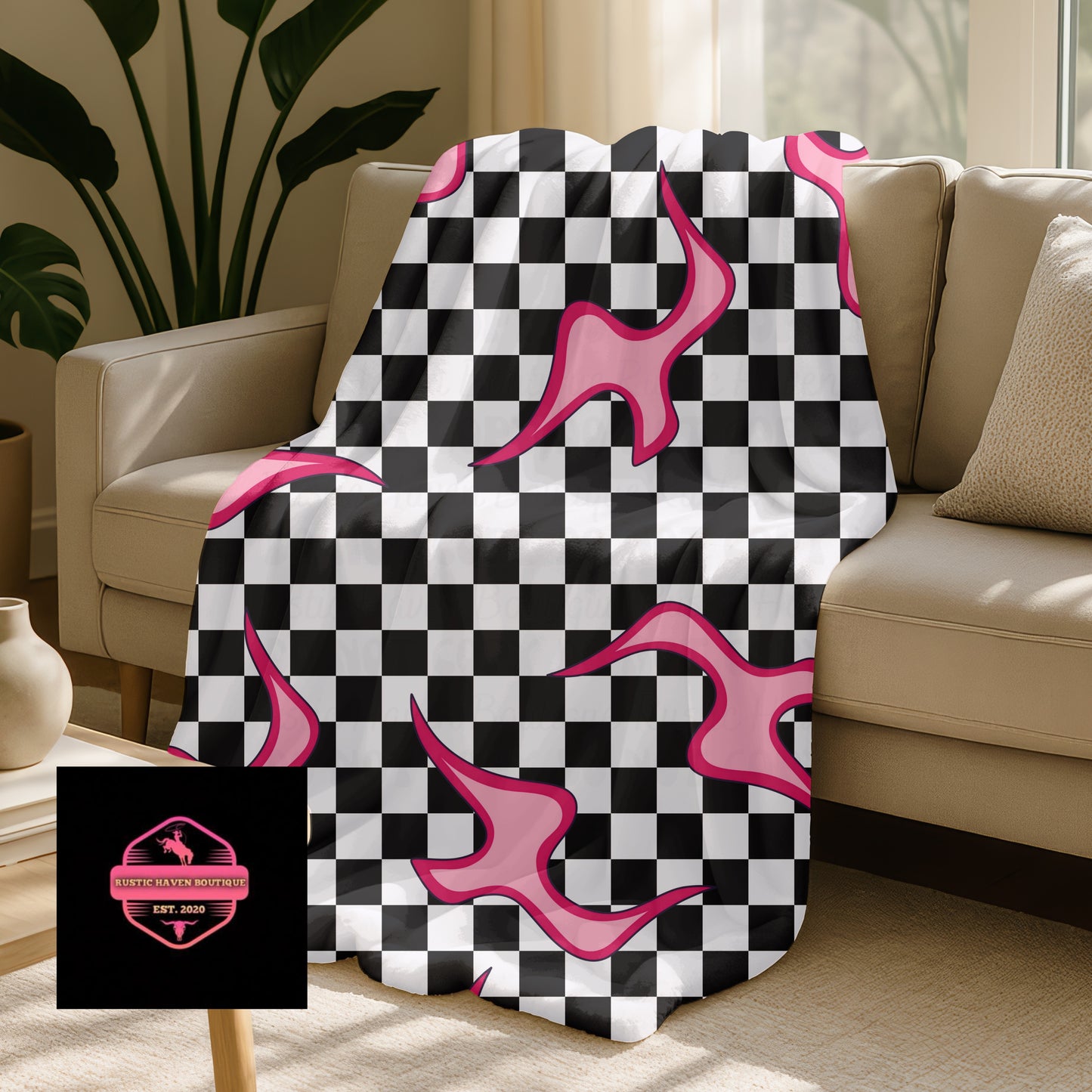 Checkerboard Blanket with Pink Flames | Retro 90s Throw Blanket