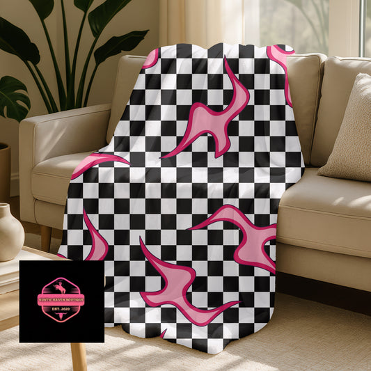 Checkerboard Blanket with Pink Flames | Retro 90s Throw Blanket