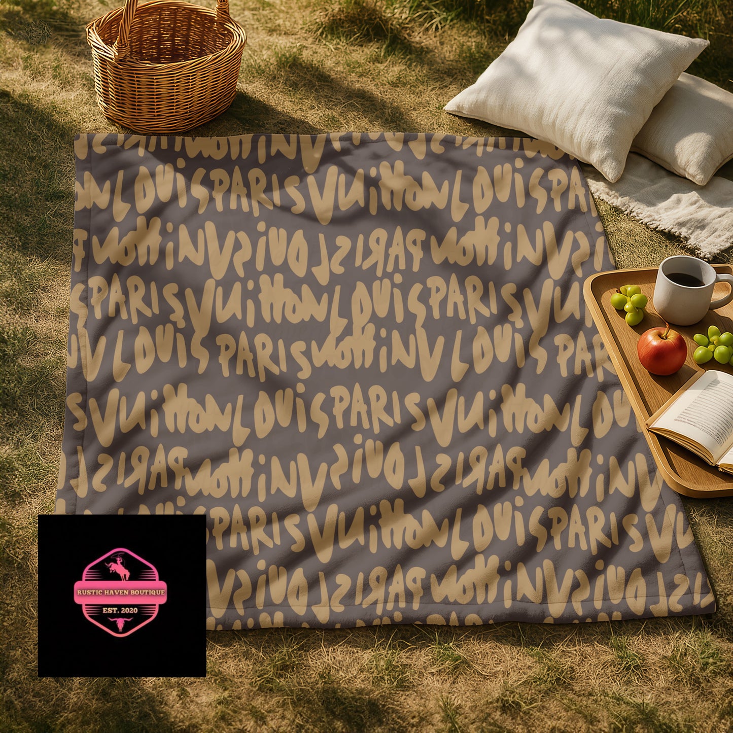 Luxury-Inspired Brown & Tan Designer-Style Blanket | Elegant Monogram Pattern Throw