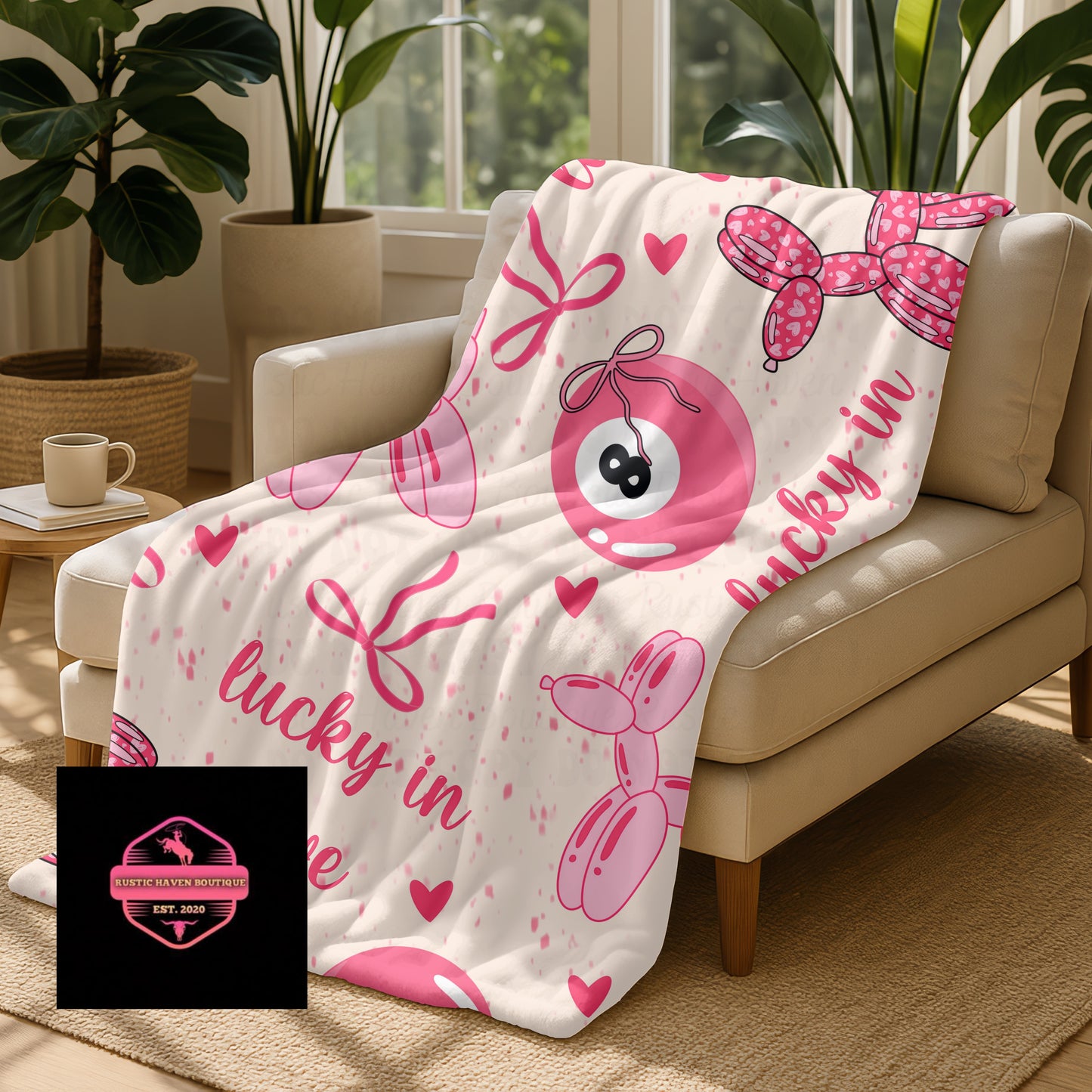 Pink Designer-Inspired Balloon Dog & 8 Ball Throw Blanket | Luxury Style Cozy Decor