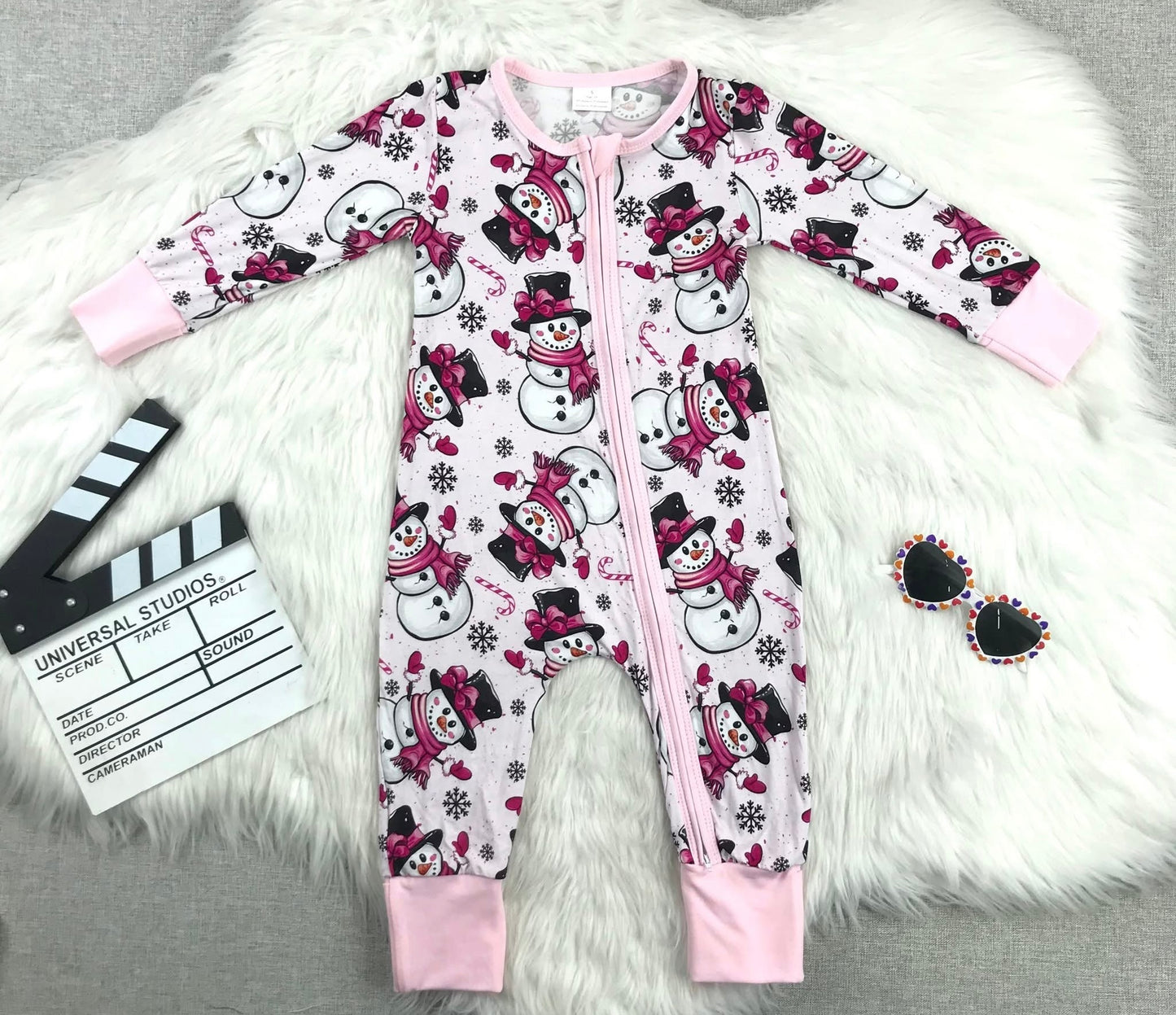 Pink SnowMan Bamboo Onesie