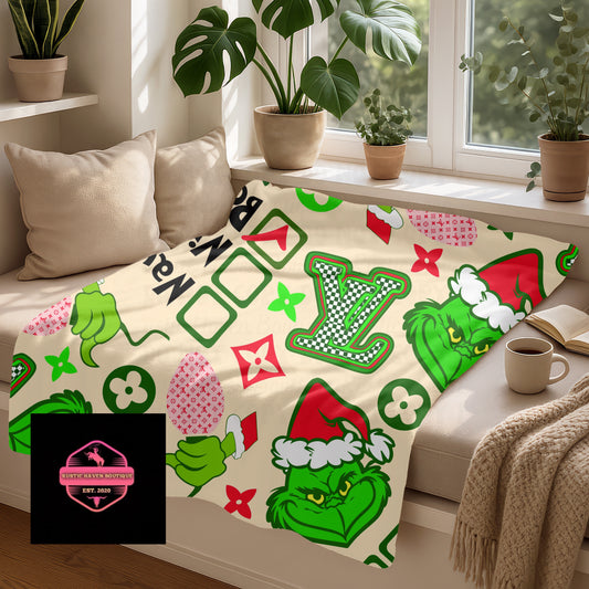Green Holiday Character & Designer-Inspired Throw Blanket | Luxury Style Christmas Vibes