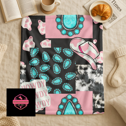 Western Turquoise Brooch & Cowboy Hat Blanket | Cozy Cow Print Throw