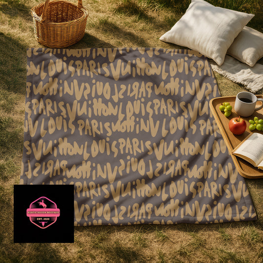 Luxury-Inspired Brown & Tan Designer-Style Blanket | Elegant Monogram Pattern Throw