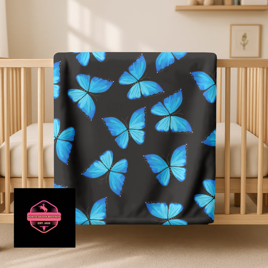 Blue Butterfly Blanket on Black |  Soft Cozy Throw for Bedroom or Living Room Decor