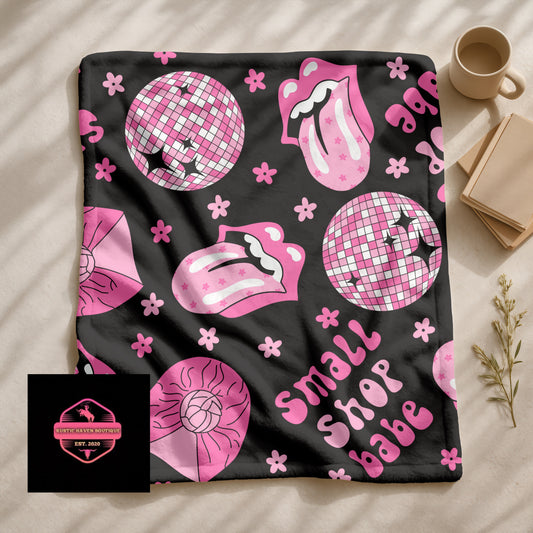 Pink Disco Ball Blanket | Small Shop Babe Throw with Retro Lips & Flowers