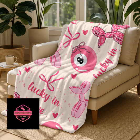 Pink Designer-Inspired Balloon Dog & 8 Ball Throw Blanket | Luxury Style Cozy Decor