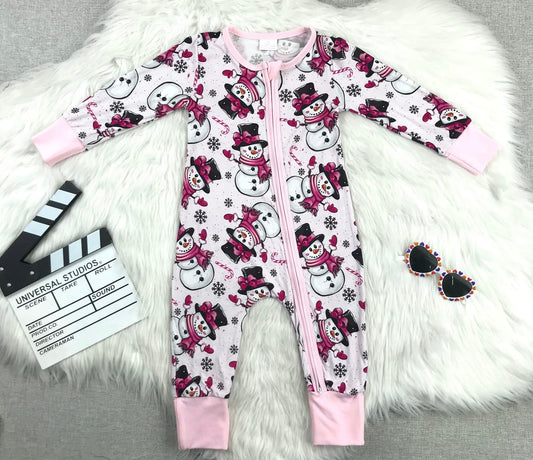 Pink SnowMan Bamboo Onesie